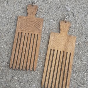 Afrocentric Natural Wood Afro Pick Earrings